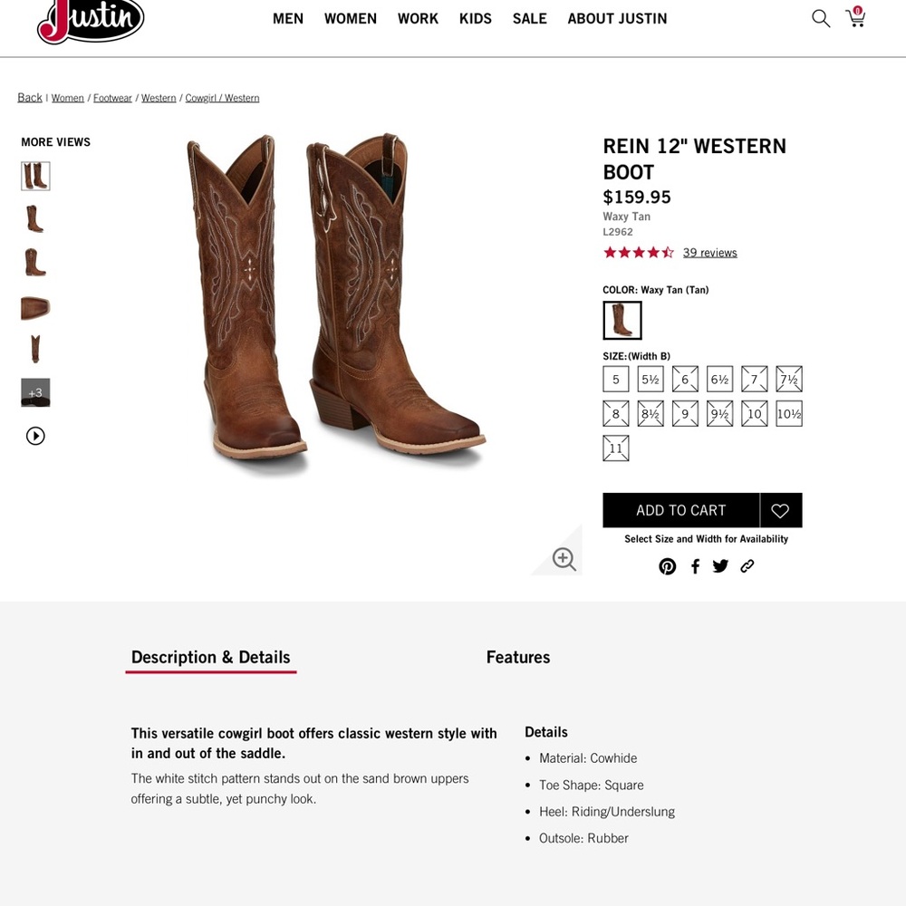 Justin ‘ Rein’ Boots Waxy Tan Heeled Western Boots
